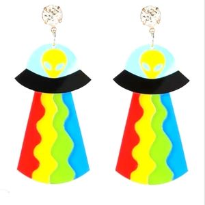 EARRINGS OVERSIZED ACRYLIC RAINBOW ALIEN SPACESHIP...